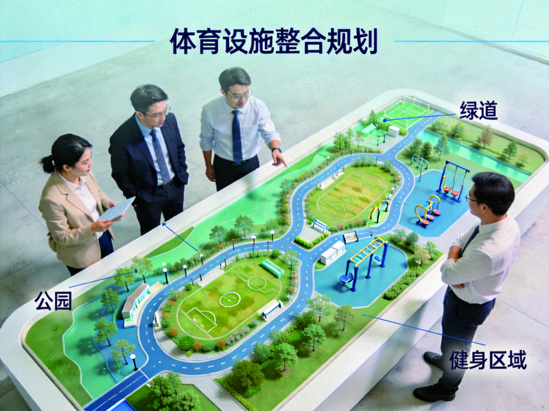 城市规划师在沙盘前讨论体育设施布局 - 展示公园、绿道和健身区域的整合规划