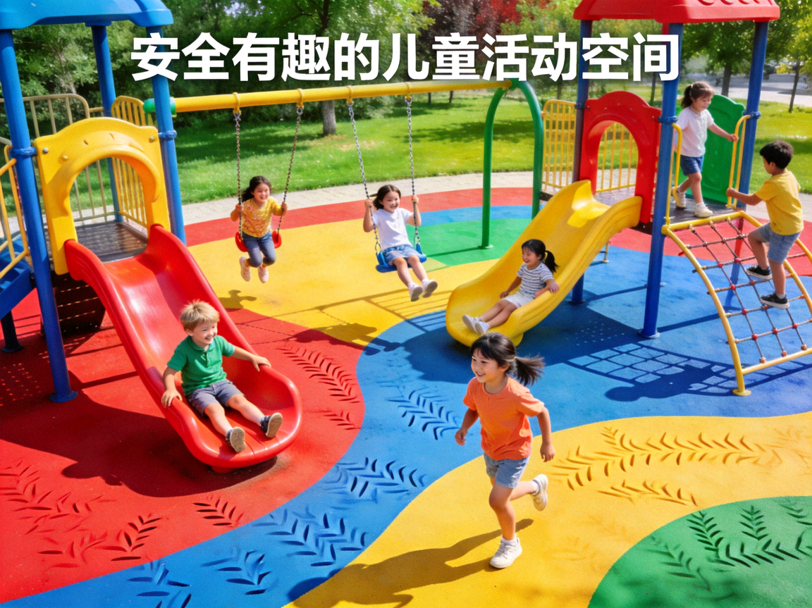 儿童在社区新建的彩色塑胶游乐场上愉快玩耍 - 安全有趣的儿童活动空间