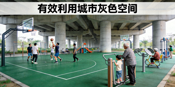 高架桥下改造的社区篮球场和健身区 - 有效利用城市灰色空间