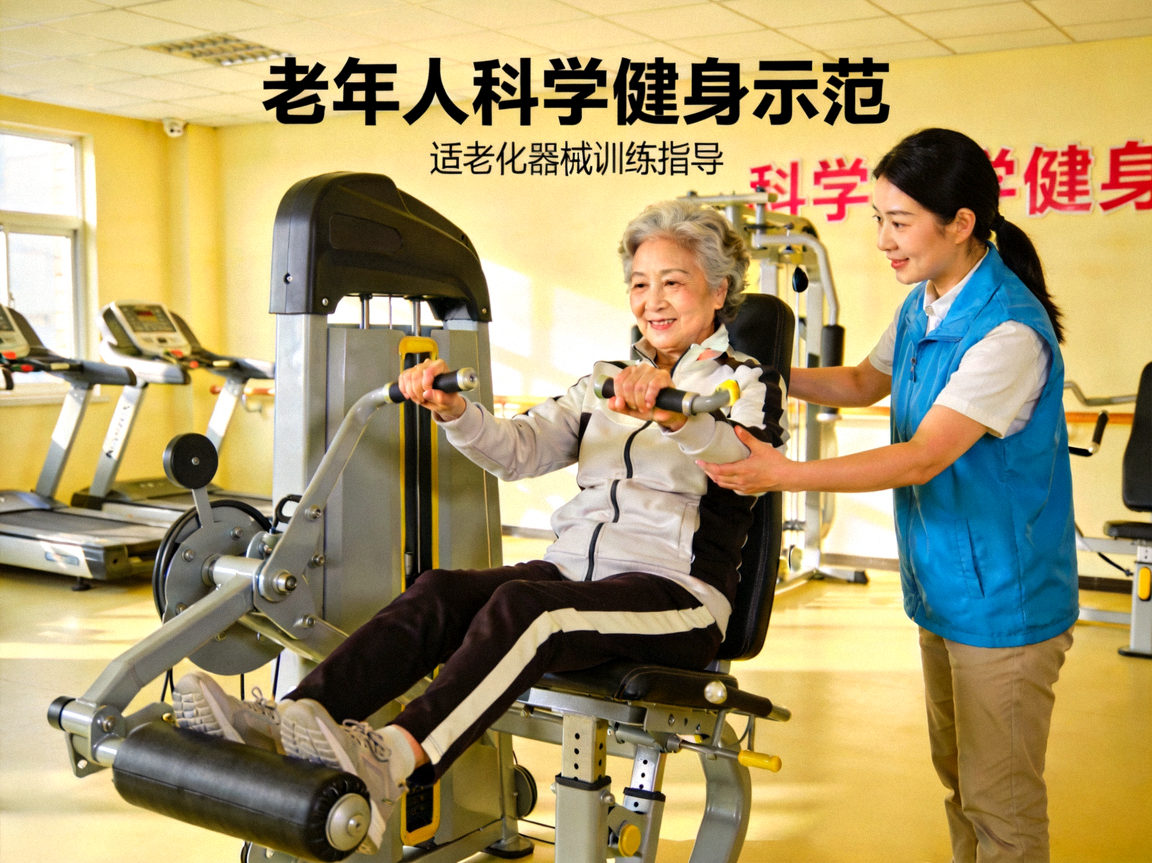老年人科学健身示范 - 在指导员帮助下进行适老化器械训练