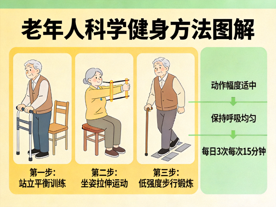 老年人科学健身方法图解 - 展示适老化训练动作