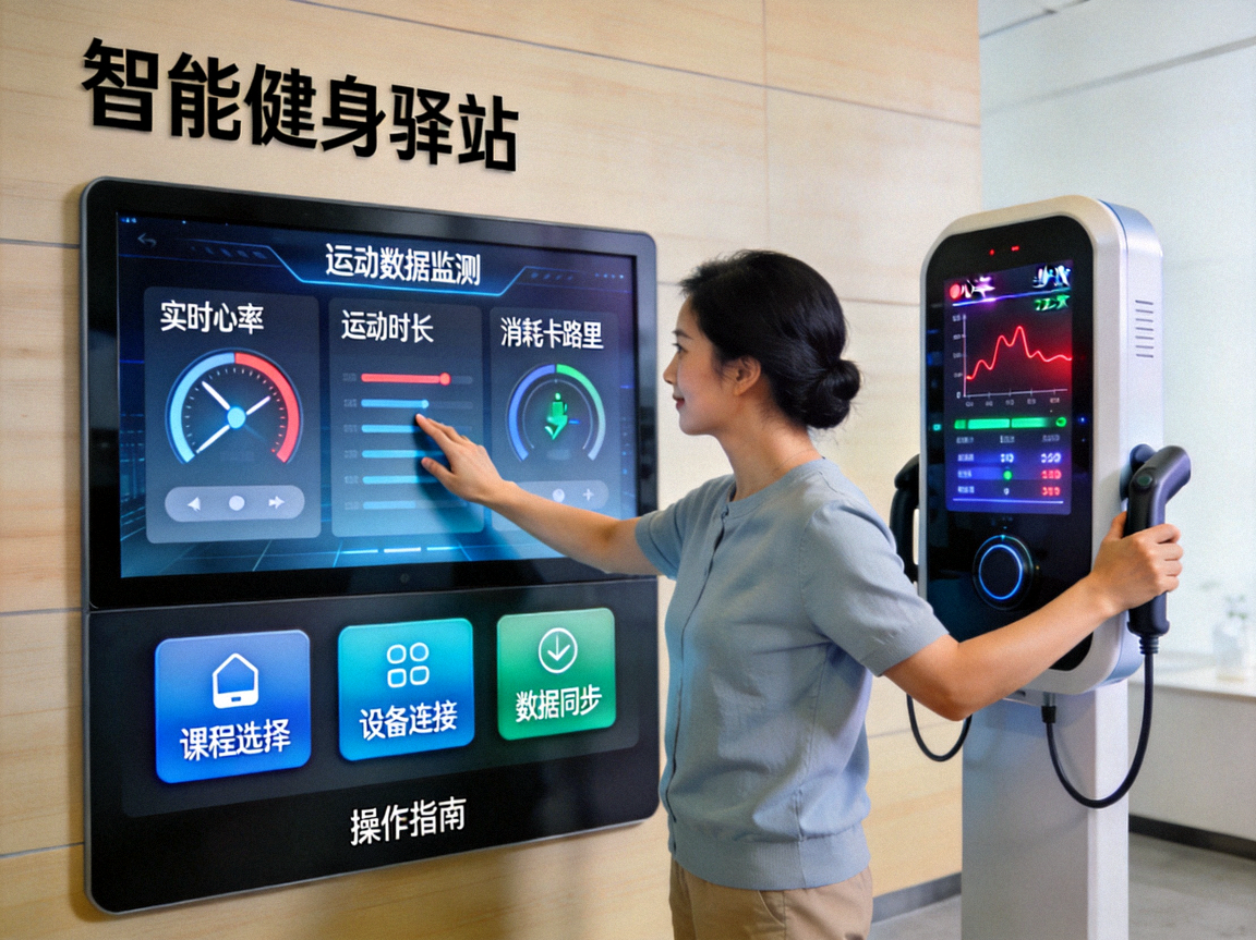 智能健身驿站详细操作界面展示 - 居民学习使用触摸屏和运动监测功能