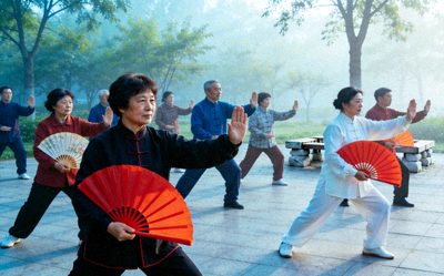 社区居民清晨练习太极拳 - 公园内集体进行传统养生运动
