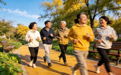 社区居民在公园绿道进行健步走活动 - 三五成群边走边聊