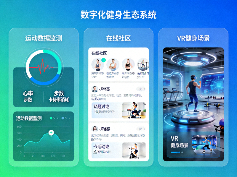 数字化健身生态系统界面展示 - 显示运动数据监测、在线社区和VR健身场景