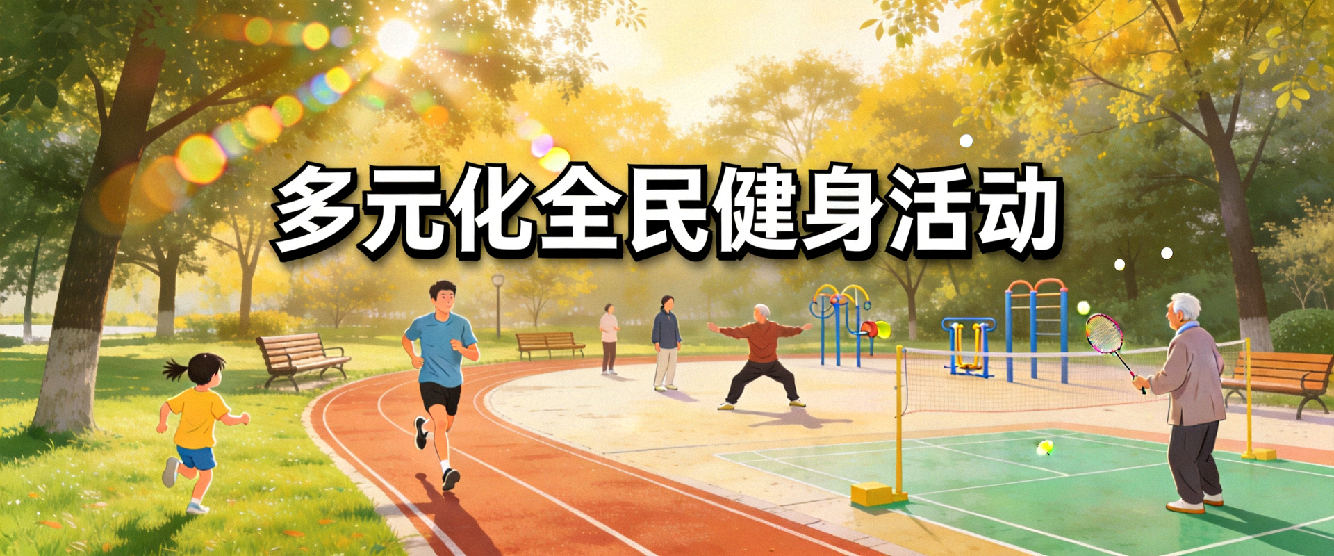 多元化全民健身活动场景 - 不同年龄人群在公园进行跑步、太极、羽毛球等运动