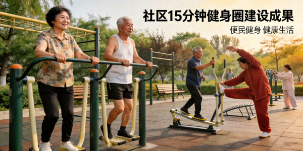 社区15分钟健身圈建设成果 - 居民在社区健身设施锻炼