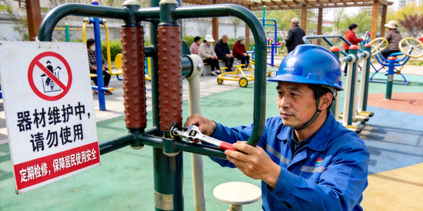 社区健身路径器材维护人员正在检修 - 保障居民使用安全