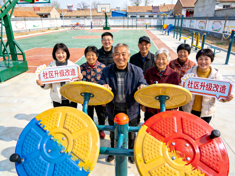 社区居民在新建体育设施前合影 - 展现升级改造成果