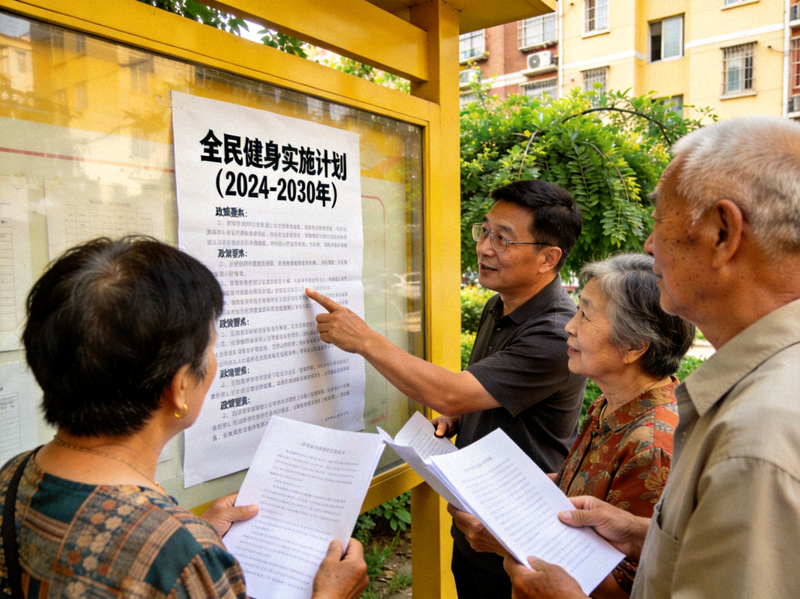 社区居民在公告栏前阅读最新的全民健身政策文件