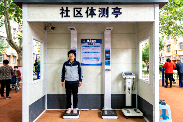 社区体育服务中心内的体测亭，居民正在测量身高体重与体脂率