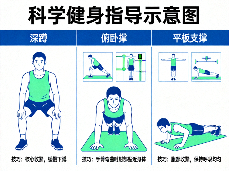 科学健身指导示意图 - 展示正确运动姿势与技巧