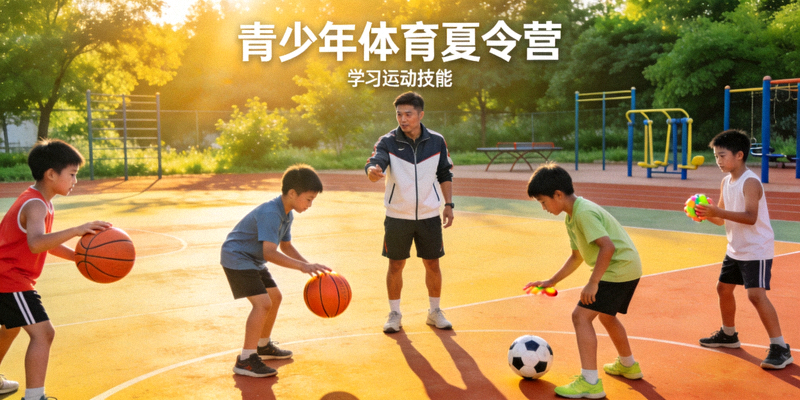 青少年体育夏令营活动 - 孩子们在教练指导下学习运动技能