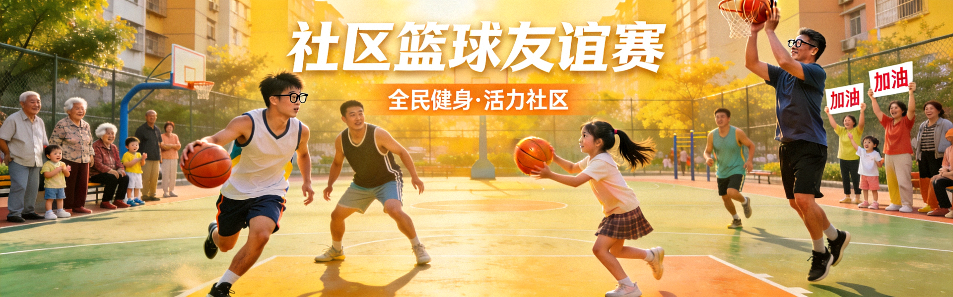 社区篮球比赛欢乐场景 - 居民积极参与全民健身活动
