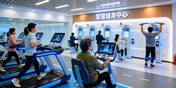 社区智慧健身中心内部 - 居民使用智能健身器材锻炼