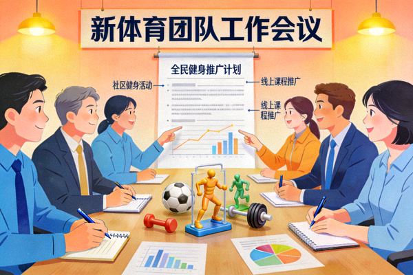 新体育团队工作会议场景 - 讨论全民健身推广计划