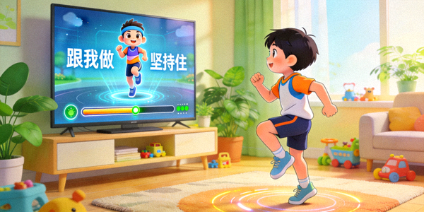 家庭体能训练游戏化场景 - 孩子跟随屏幕中的虚拟教练运动
