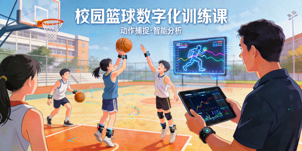 校园篮球数字化训练课 - 学生佩戴传感器进行投篮动作分析