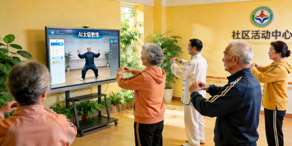老年人在社区活动中心通过大屏幕跟随AI教练学习太极拳