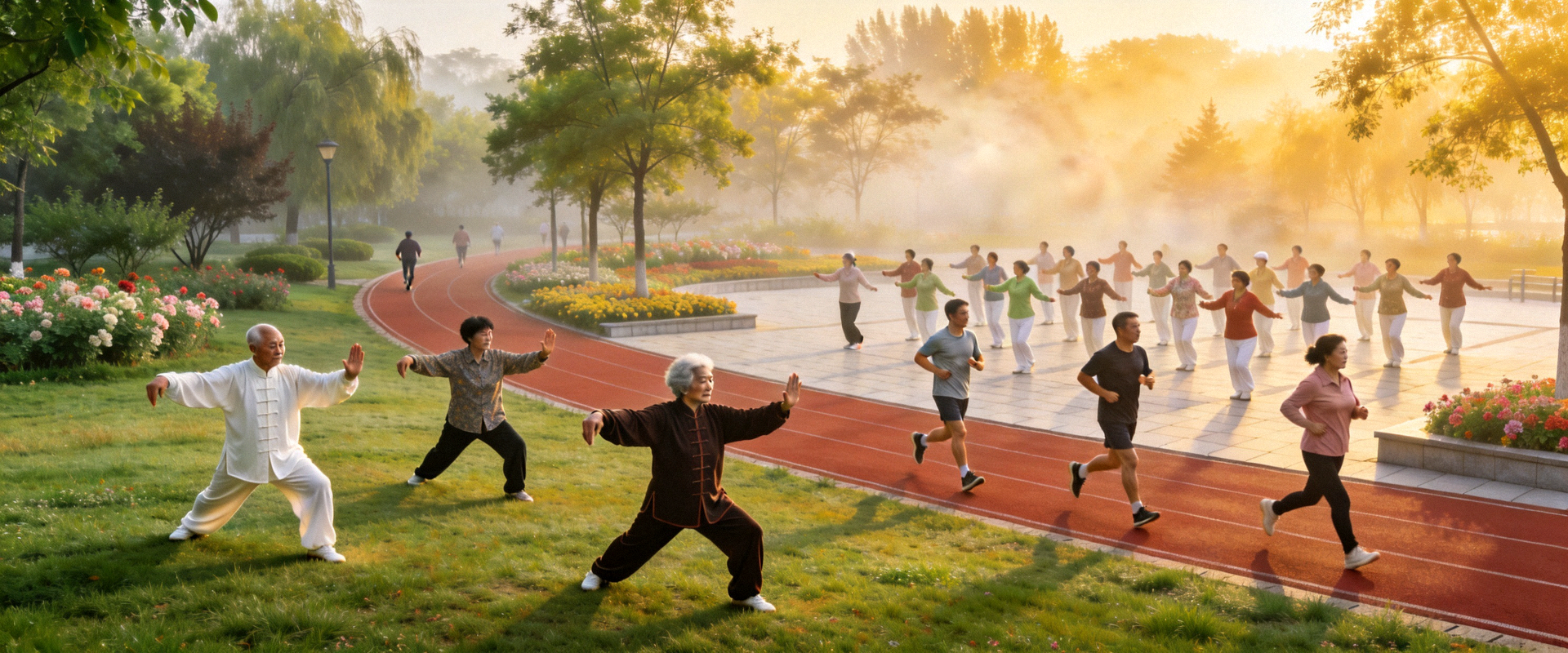 清晨公园中不同年龄人群进行多样化健身活动全景 - 包括太极拳、跑步、广场舞等