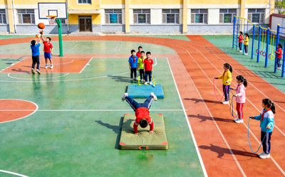 青少年在学校体育课上参加多样化体育活动 - 篮球、跳绳、体操等