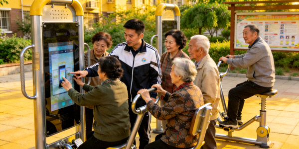 社区居民体验新建智能健身器材 - 大家围在一起学习使用新设备