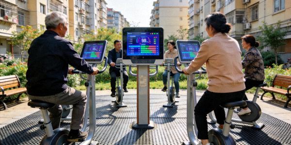 社区智能健身器材区 - 居民使用带有屏幕显示运动数据的智能器械