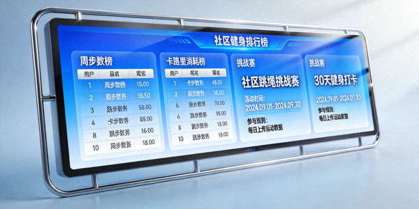 互动健身大屏幕 - 显示社区健身排行榜和挑战赛信息