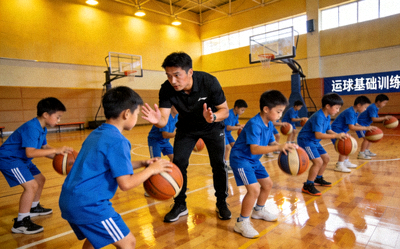 青少年篮球培训课程 - 教练指导孩子们练习运球