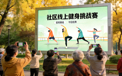 社区居民通过公园大屏幕参与线上健身挑战赛