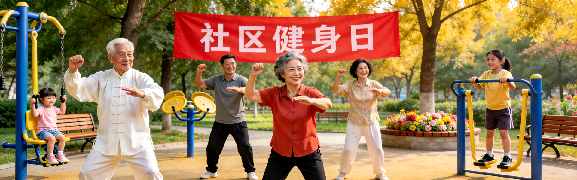社区居民在公园内进行集体健身活动 - 和谐社区氛围
