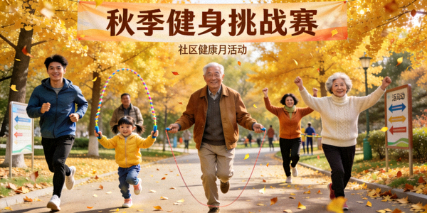 社区居民在公园内参与秋季健身挑战赛活动