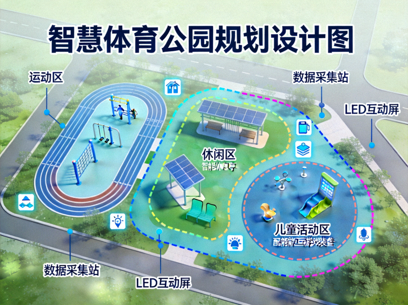 智慧体育公园规划设计图 - 展示功能分区与智能设施布局