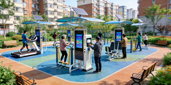 北京某社区智慧健身广场全景 - 居民使用智能健身器材