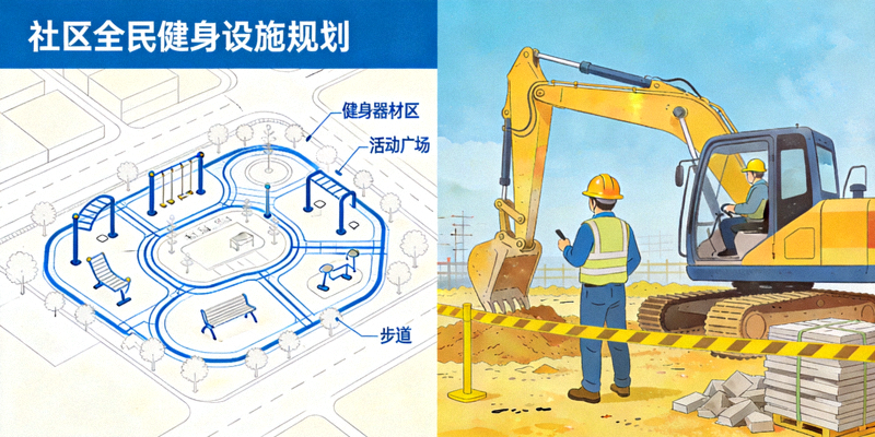 社区全民健身设施规划蓝图与施工现场