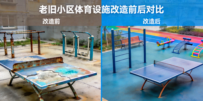 老旧小区体育设施改造前后对比图 - 崭新器材与破旧器材对比