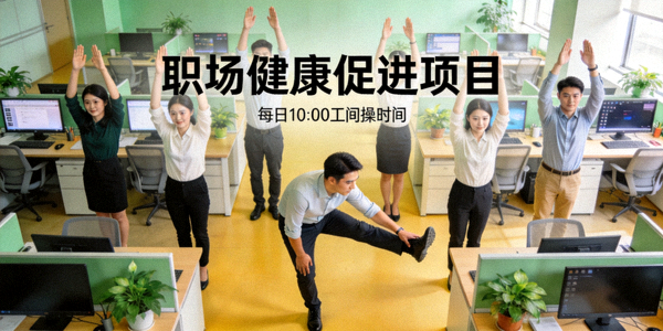 企业员工在办公室进行工间操锻炼 - 职场健康促进项目