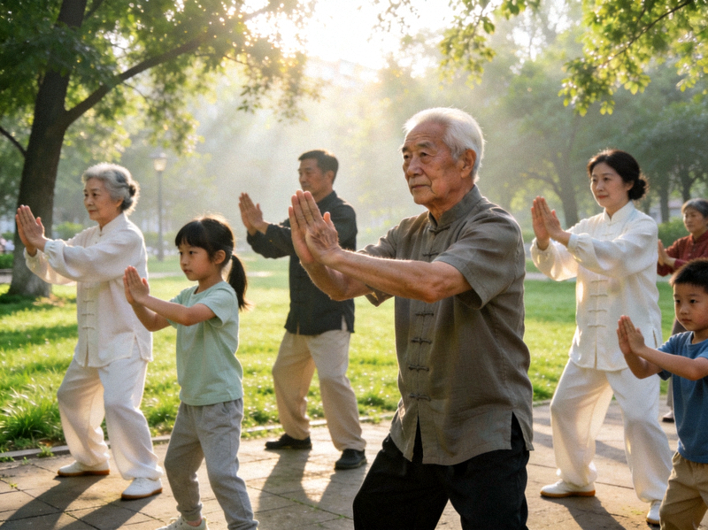 社区居民在公园进行集体晨练活动 - 不同年龄人群一起打太极拳