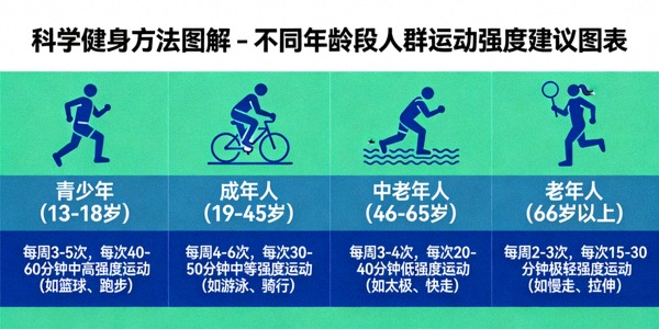 科学健身方法图解 - 不同年龄段人群运动强度建议图表
