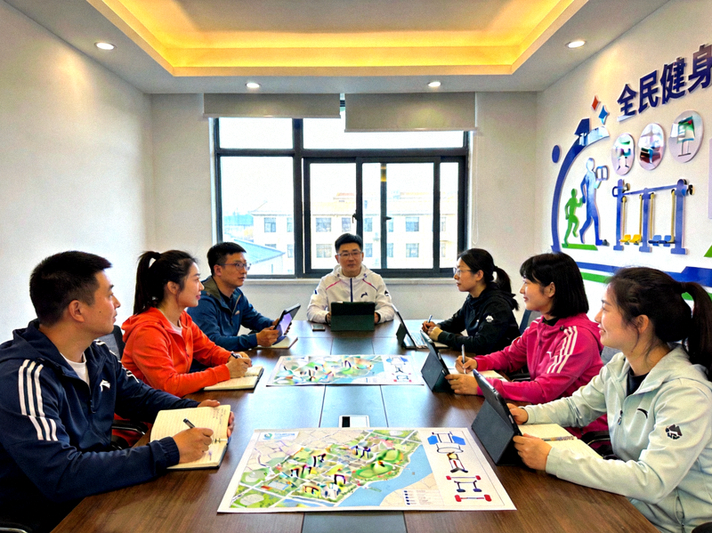 全民健身推广团队工作场景 - 团队成员在会议室讨论社区健身方案