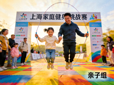 上海家庭健身挑战赛 - 亲子共同参与跳绳比赛欢乐场景
