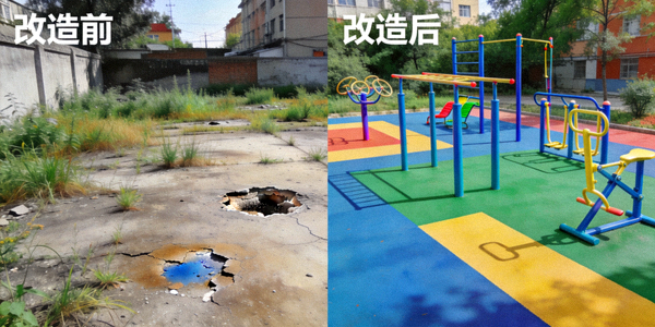社区健身角改造前后对比 - 闲置空地变为色彩鲜艳的健身区域