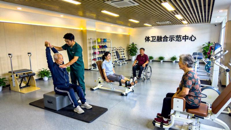 体卫融合示范中心内部，居民在专业指导下进行运动康复训练，环境明亮现代