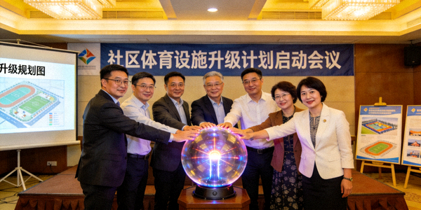 社区体育设施升级计划启动会议现场，多方代表共同按下启动球
