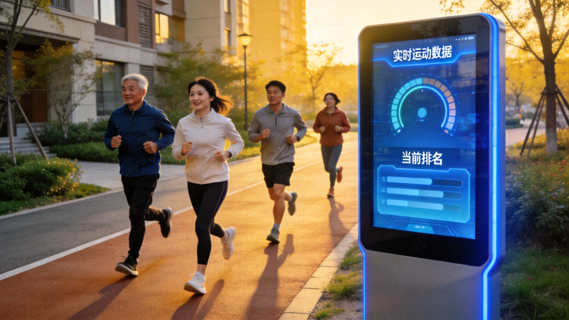 市民在社区智慧步道上跑步，旁边电子屏显示实时运动数据和排名