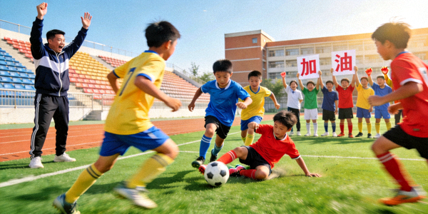 小学生在校园足球联赛中激烈拼抢，场边教练和同学加油助威