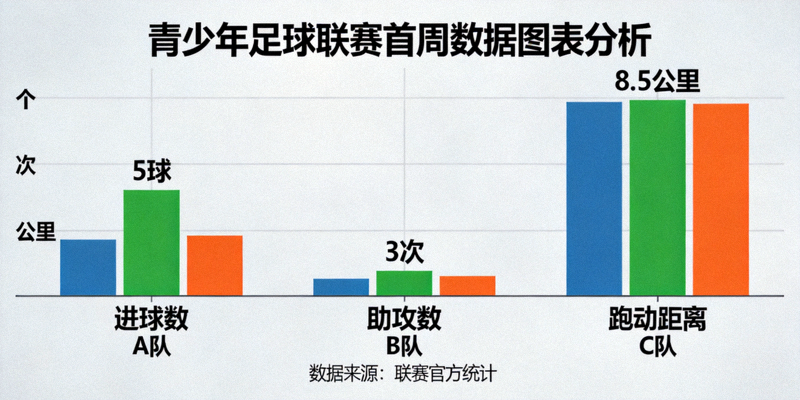 青少年足球联赛首周数据图表分析，包含进球数、助攻数和跑动距离的柱状图对比