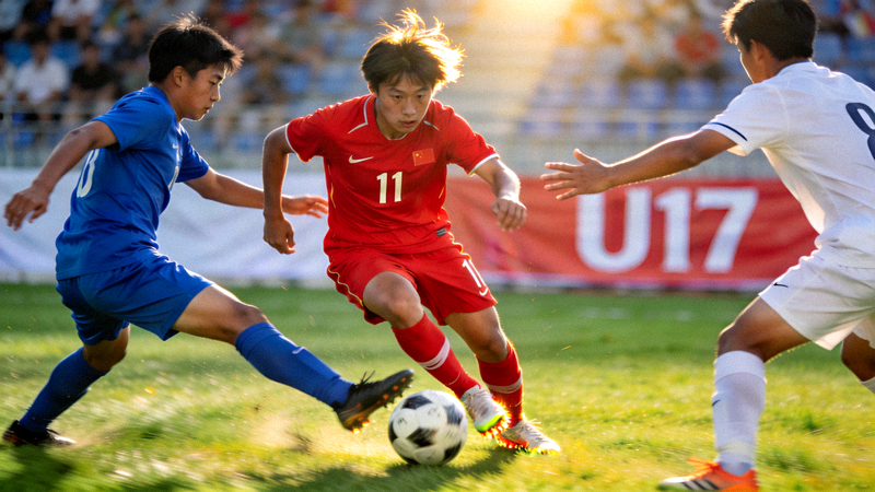 U17青少年足球比赛精彩瞬间，一名身穿红色球衣的球员正在带球突破对方两名防守球员的夹击