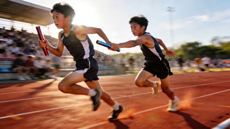 青少年4x100米接力赛交接棒特写 - 两名运动员在高速奔跑中精准完成交接，配合默契