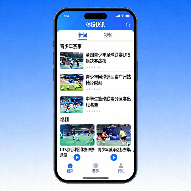 体坛快讯官方移动应用界面展示 - 手机屏幕上显示青少年赛事新闻与视频